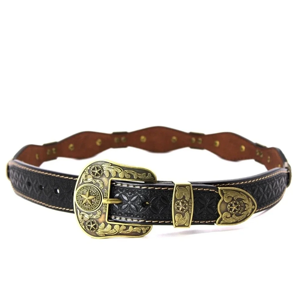 NEW West Star Texas Western Cowboy Genuine Leather Belt Black Gold Star Concho
